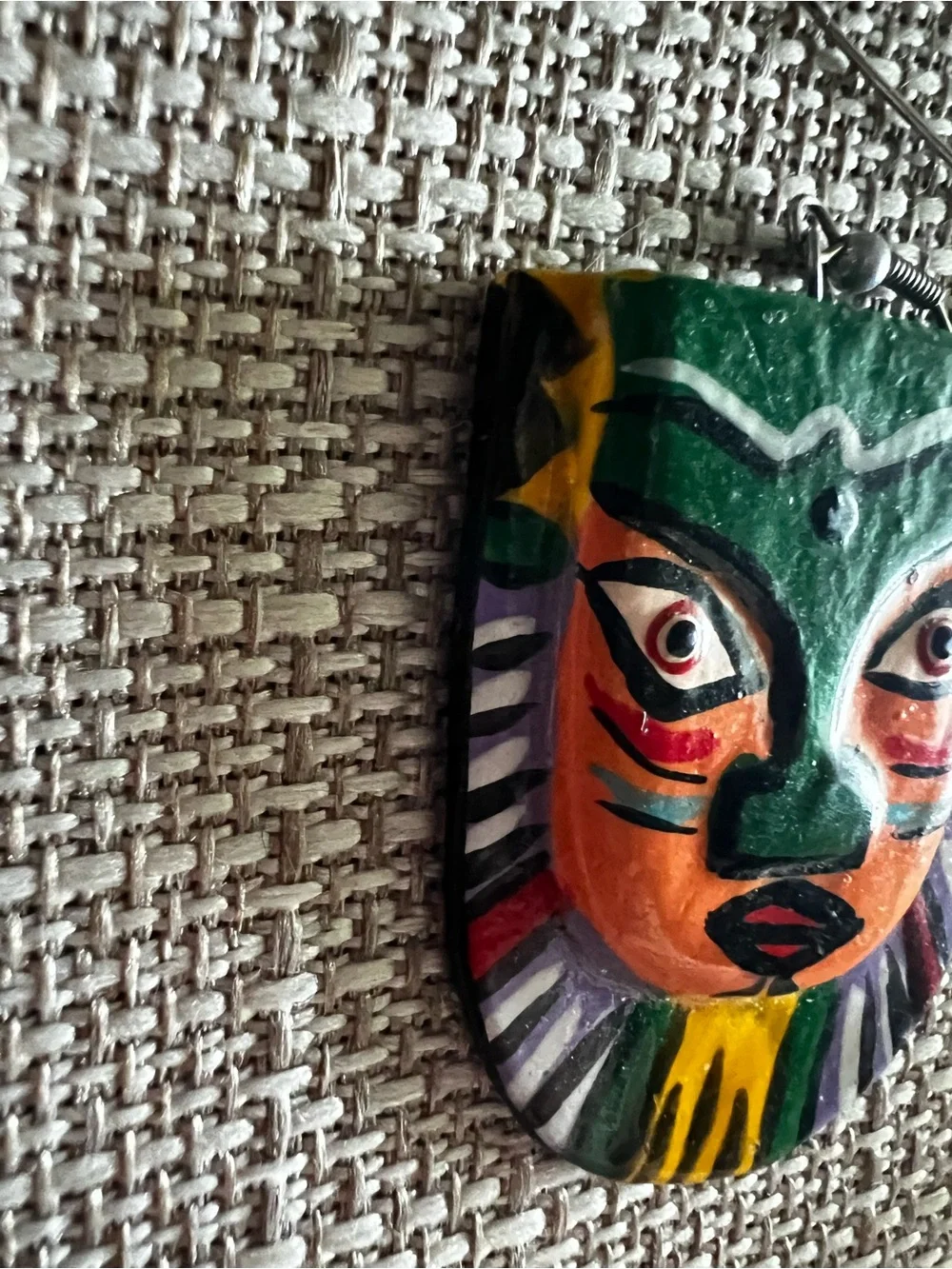 VTG Earrings Colorful Painted Tribal Face Mask Popart Wood Pierced 80s Folk Art
